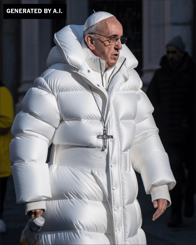 AI-generated image of Pope Francis in a puffer coat.