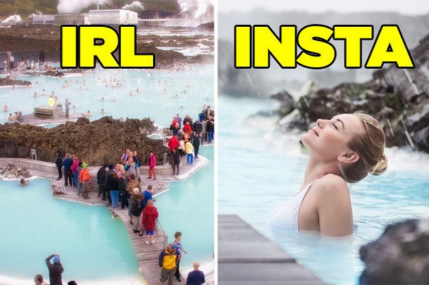 Real life vs Instagram: A long line to a crowded swimming pool on one side and a solitary swim on the other.